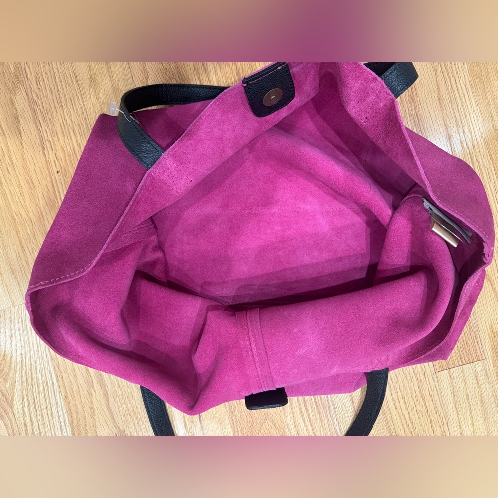 Mark & Graham Boho Tote Hot Pink Fuchsia Suede leather Handbag Purse Monogram K - Picture 4 of 9